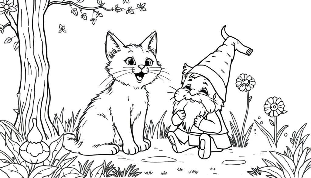 Kleurplaat van een kat en een kabouter in een tuin met bloemen en een boom