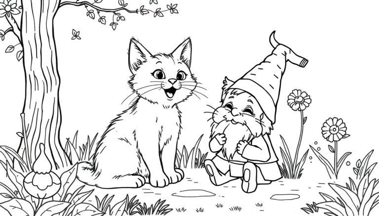 Kleurplaat van een kat en een kabouter in een tuin met bloemen en een boom