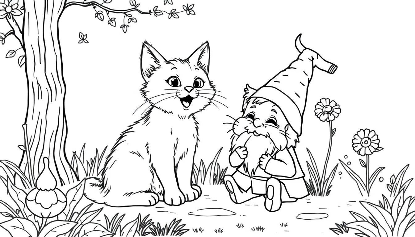 Kleurplaat van een kat en een kabouter in een tuin met bloemen en een boom