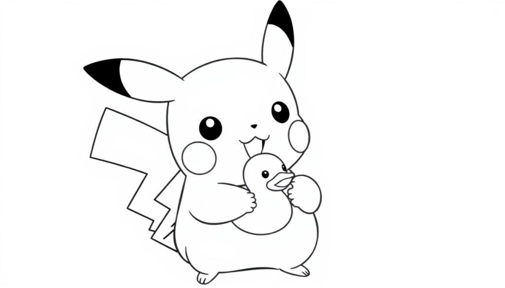 Een eenvoudige zwart-wit kleurplaat van een schattig Pikachu-achtig personage dat een badeend vasthoudt, met grote ogen en spitse oren.
