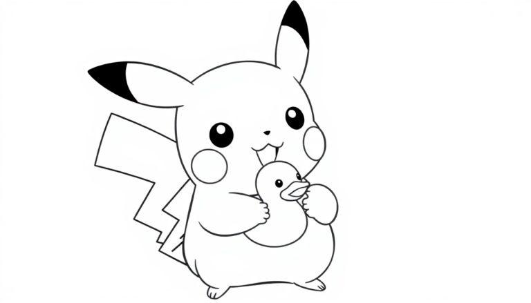Een eenvoudige zwart-wit kleurplaat van een schattig Pikachu-achtig personage dat een badeend vasthoudt, met grote ogen en spitse oren.