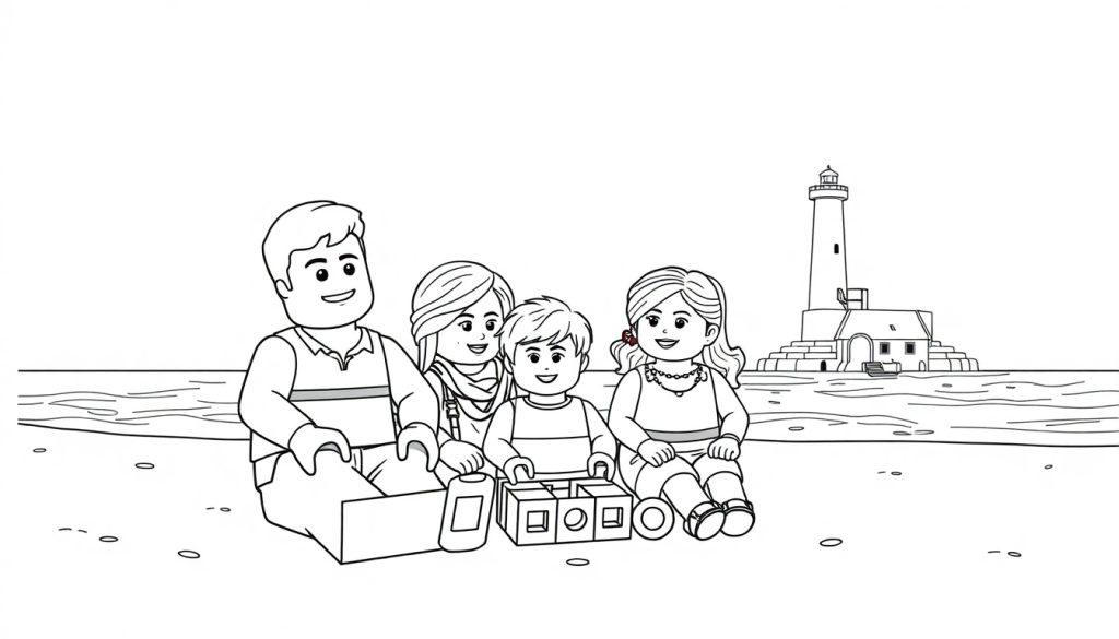 Kleurplaat van een Lego-familie op het strand met een vuurtoren, klaar om ingekleurd te worden.