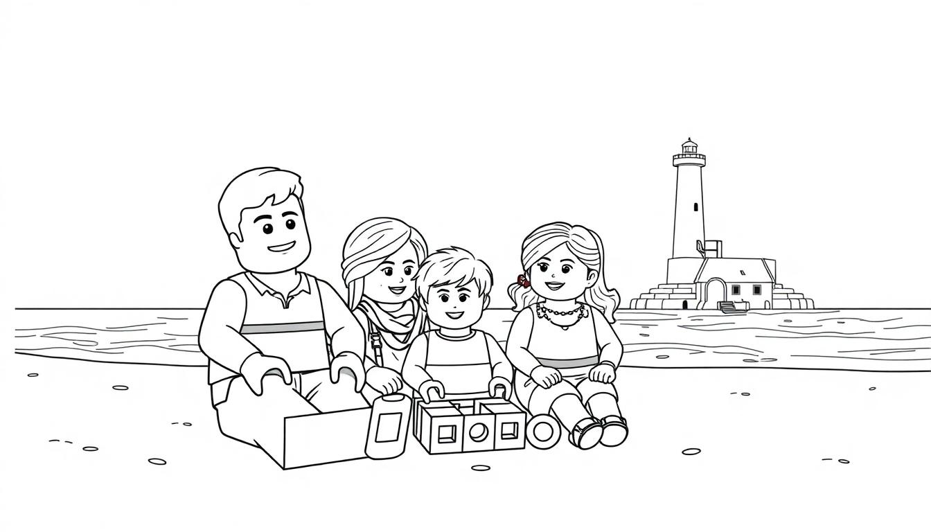 Kleurplaat van een Lego-familie op het strand met een vuurtoren, klaar om ingekleurd te worden.