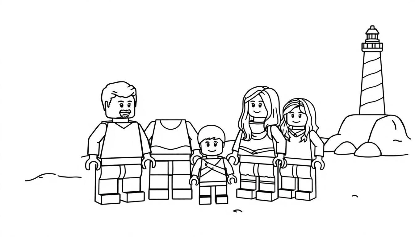 Kleurplaat met LEGO-papa, mama, jongen en meisje op het strand met de vuurtoren van Texel, omringd door stenen en een lege LEGO-bouwsteen in de vorm van een torso.
