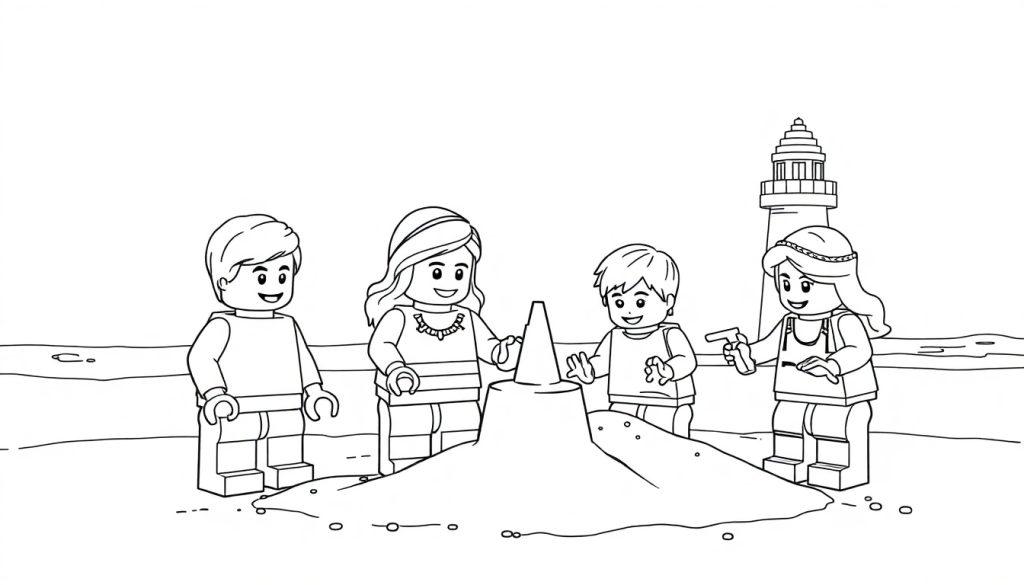 Kleurplaat van vier LEGO-personages op strand met vuurtoren, ze bouwen samen een zandkasteel en lachen blij.