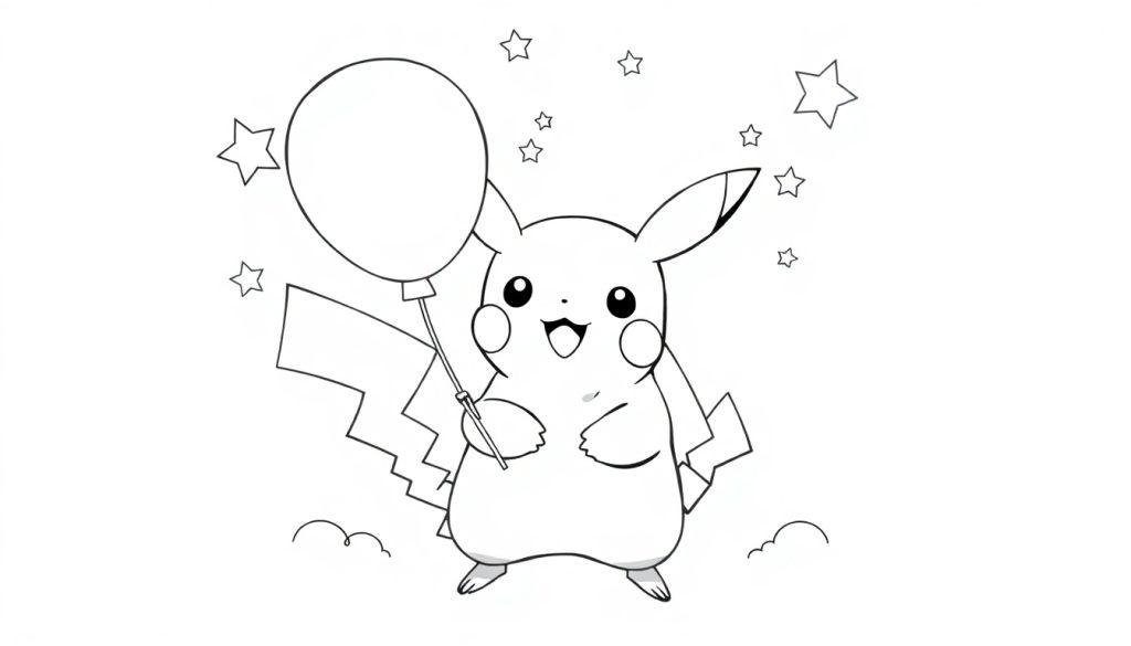 Lijntekening van een feestend Pikachu met ballon en sterren, perfect als kleurplaat voor kinderen.