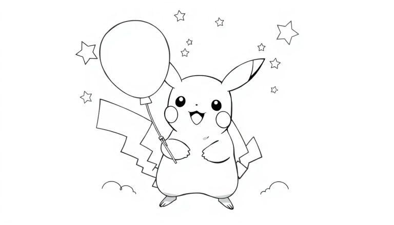 Lijntekening van een feestend Pikachu met ballon en sterren, perfect als kleurplaat voor kinderen.
