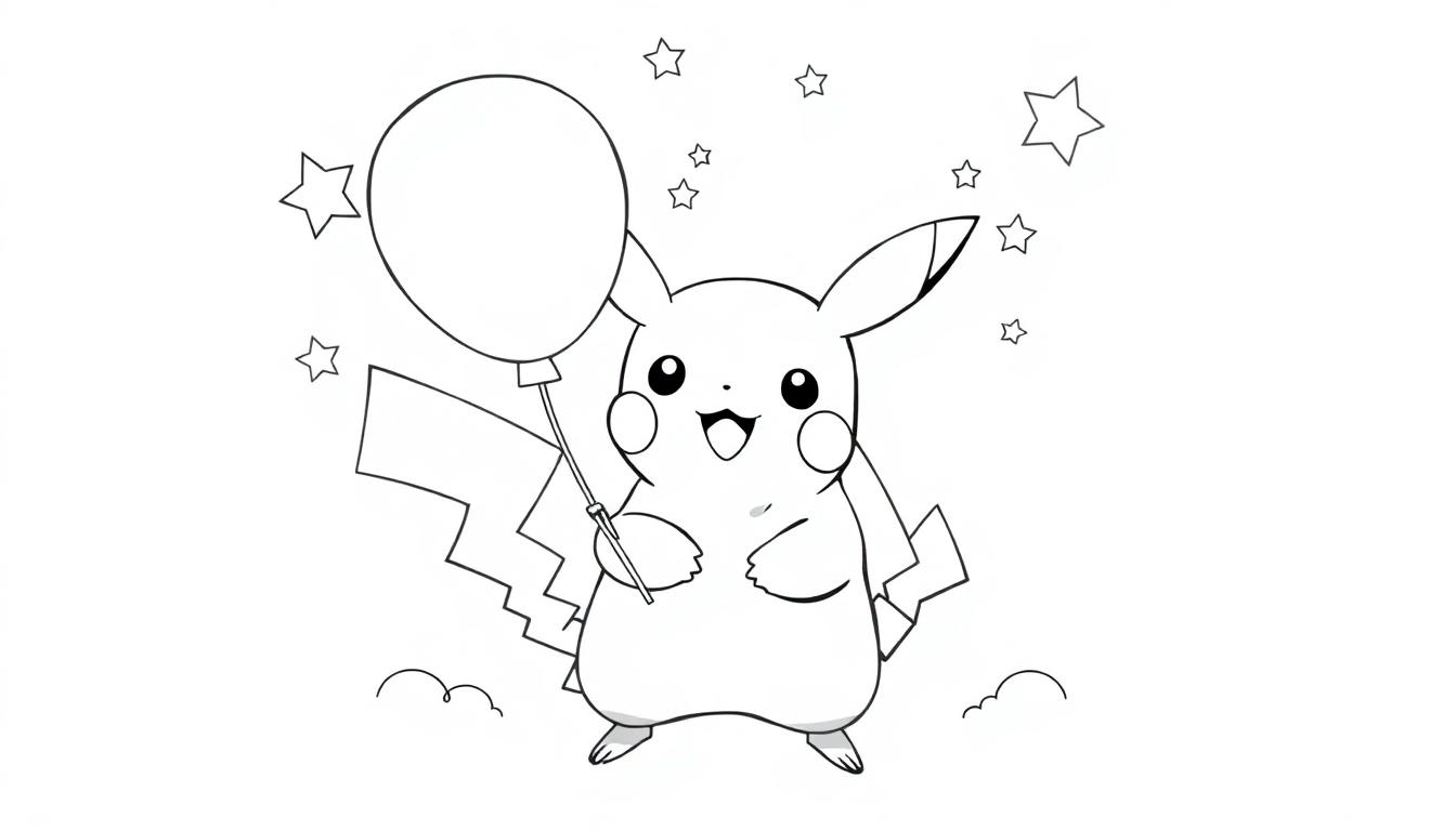 Lijntekening van een feestend Pikachu met ballon en sterren, perfect als kleurplaat voor kinderen.