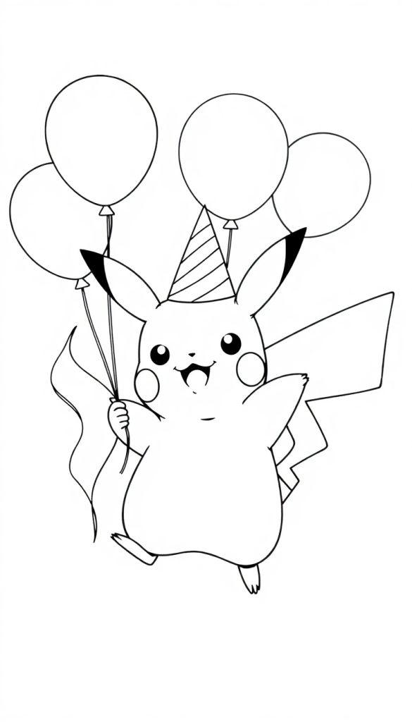 Kleurplaat van een schattige cartoon Pikachu met feesthoed en ballonnen