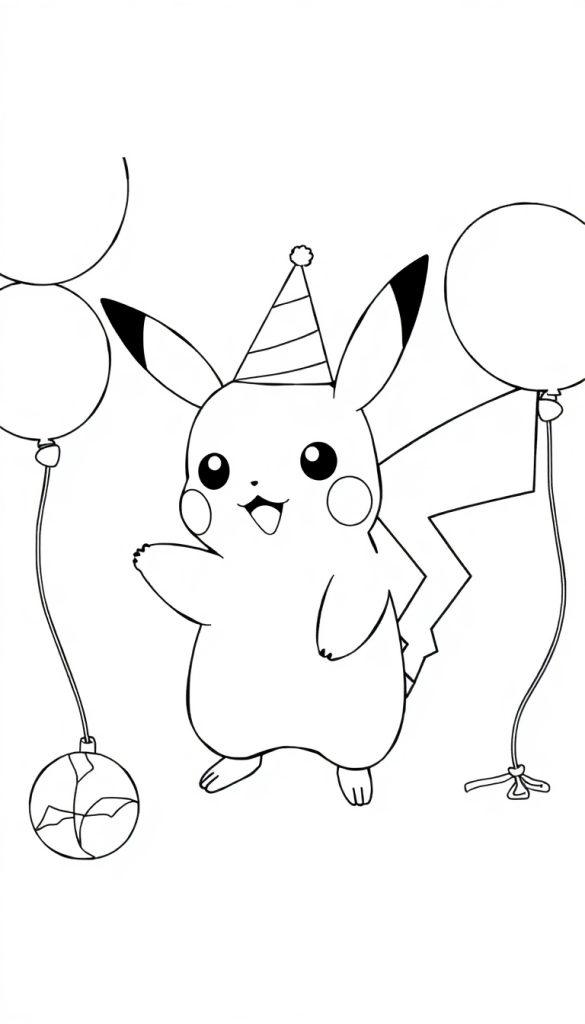 Kleurplaat van een schattige Pikachu met grote oren, feesthoedje met pompon, glimlachend en omringd door ballonnen. Perfect voor een feestelijke kleurplaat.