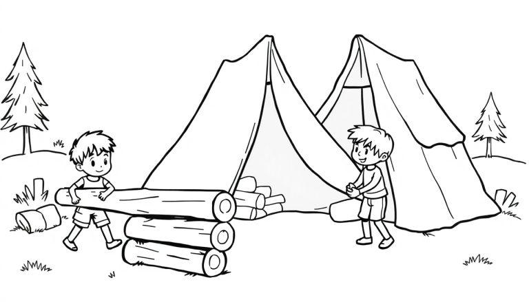 Kleurplaat van twee kinderen die samen hout stapelen om een tent te bouwen in een kampomgeving. Ze lachen en plezier maken terwijl ze de houten stammen dragen, met bomen en gras op de achtergrond.