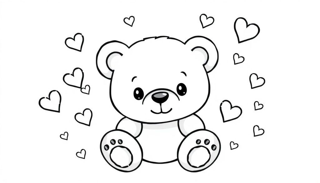 Een schattige getekende beer met grote ogen en een vriendelijke glimlach, omringd door hartjes, klaar voor een kleurplaat.