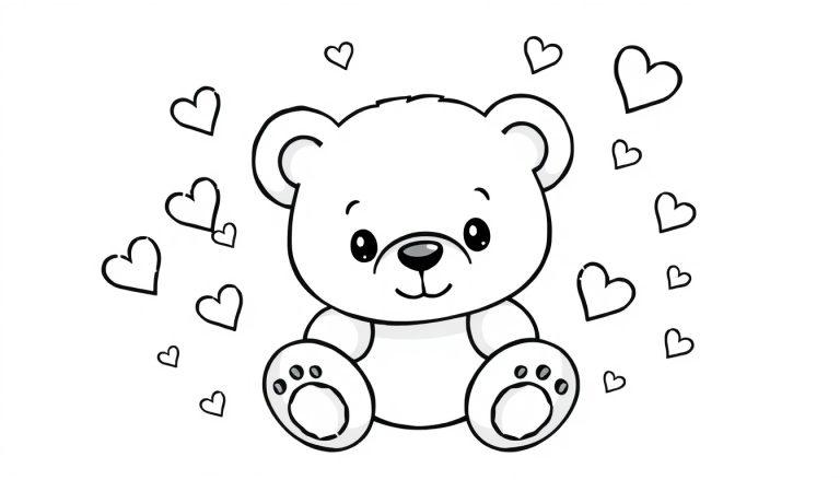 Een schattige getekende beer met grote ogen en een vriendelijke glimlach, omringd door hartjes, klaar voor een kleurplaat.
