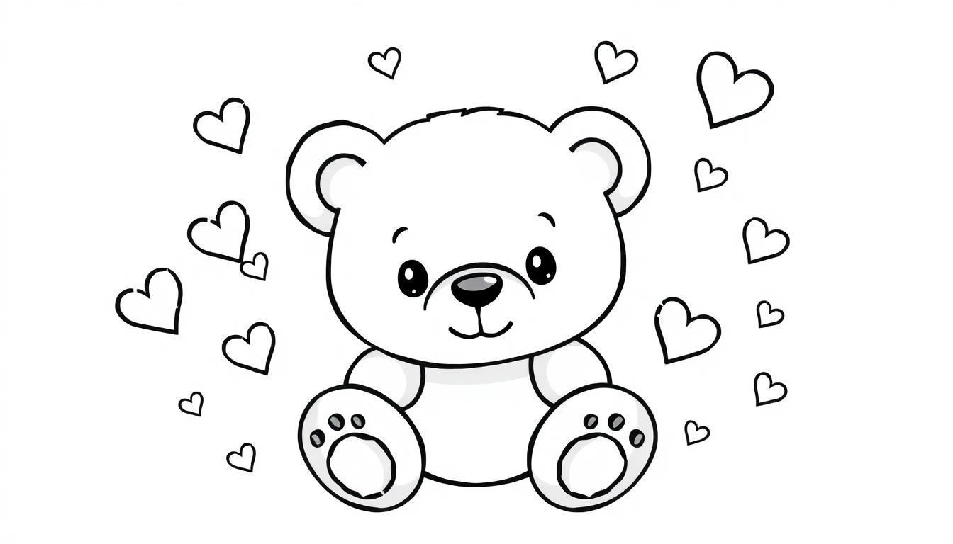 Een schattige getekende beer met grote ogen en een vriendelijke glimlach, omringd door hartjes, klaar voor een kleurplaat.