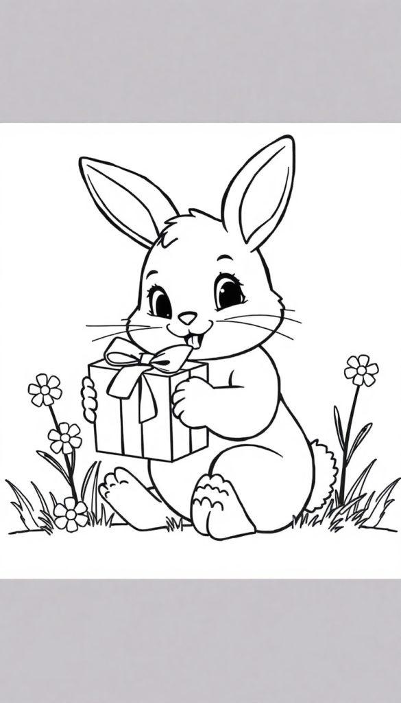 Kleurplaat van een vrolijk konijn dat een cadeau vasthoudt, omringd door bloemen en gras.