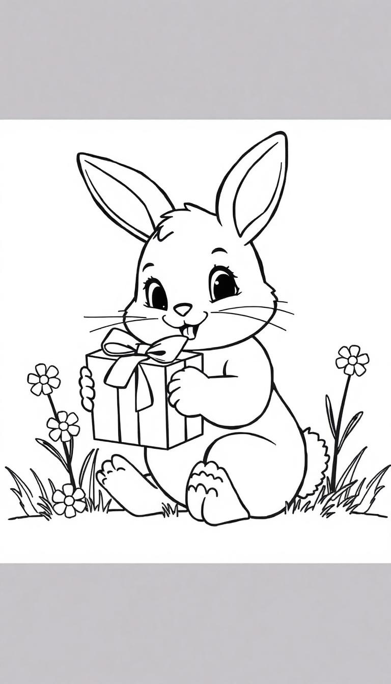 Kleurplaat van een vrolijk konijn dat een cadeau vasthoudt, omringd door bloemen en gras.