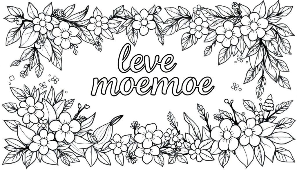 Kleurplaat met bloemen en de tekst 'Leve Moemoe' in een sierlijk kader, perfect om in te kleuren.