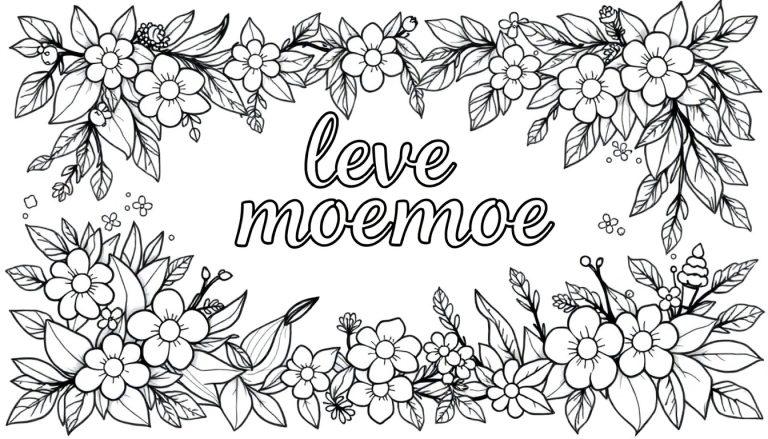 Kleurplaat met bloemen en de tekst 'Leve Moemoe' in een sierlijk kader, perfect om in te kleuren.
