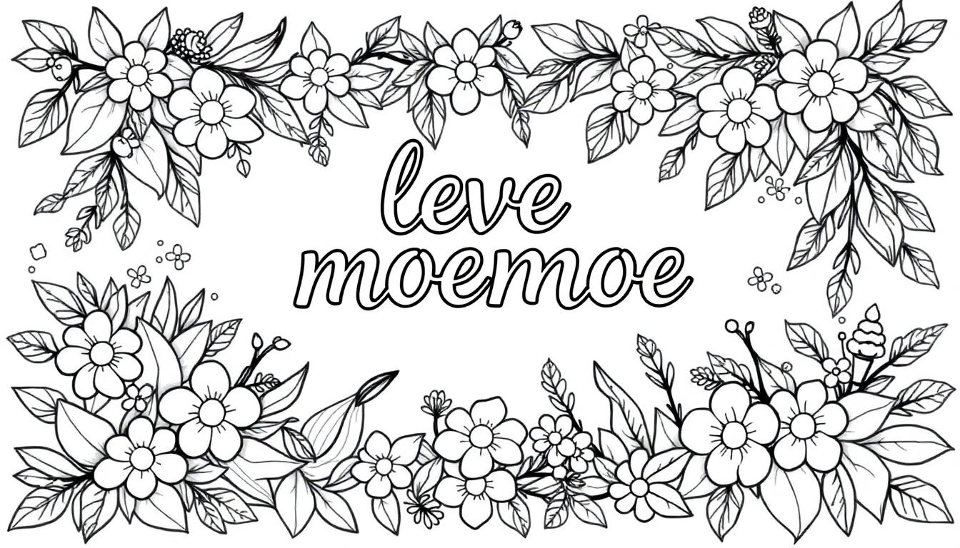 Kleurplaat met bloemen en de tekst 'Leve Moemoe' in een sierlijk kader, perfect om in te kleuren.