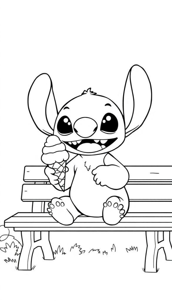 Een schattig cartoonachtig figuurtje met grote oren zit op een bankje en eet een ijsje. Het is een zwart-wit kleurplaat met een parkachtige achtergrond en gras.