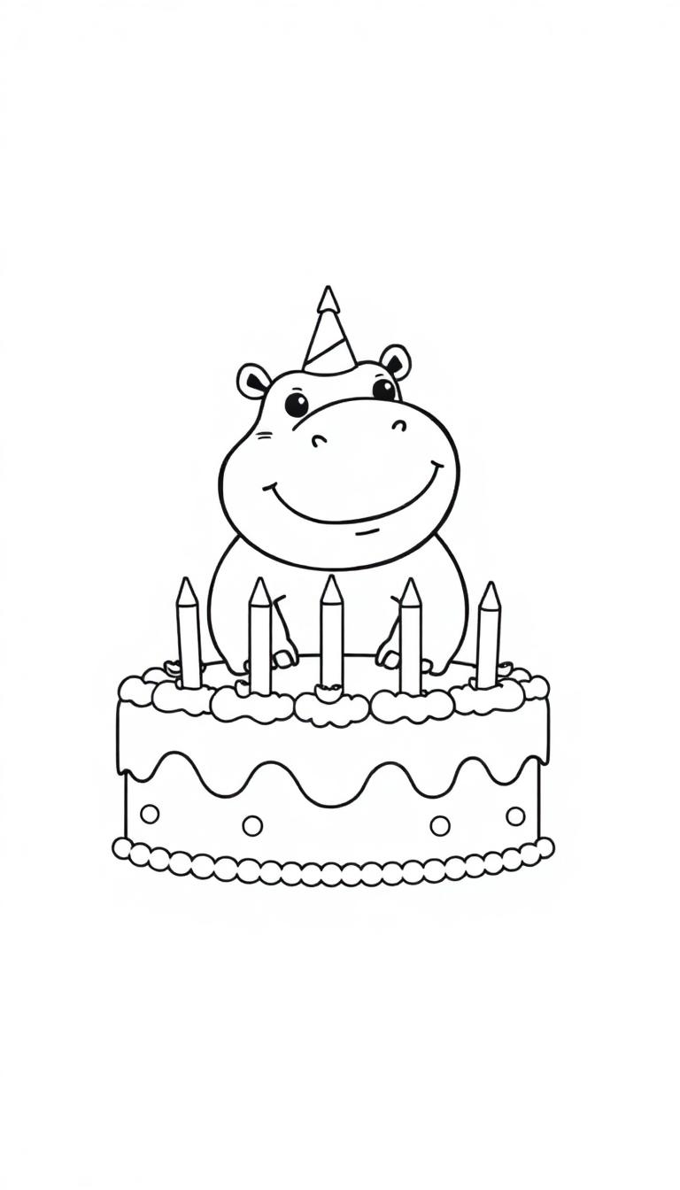 Een kleurplaat van een lachend nijlpaard met een feestmuts, dat achter een grote verjaardagstaart zit met kaarsen en glazuur.