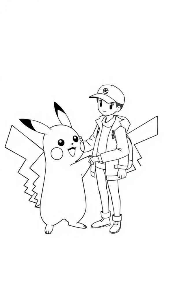 Kleurplaat van een menselijk personage die vriendelijk Pikachu vasthoudt, beide lachen samen.