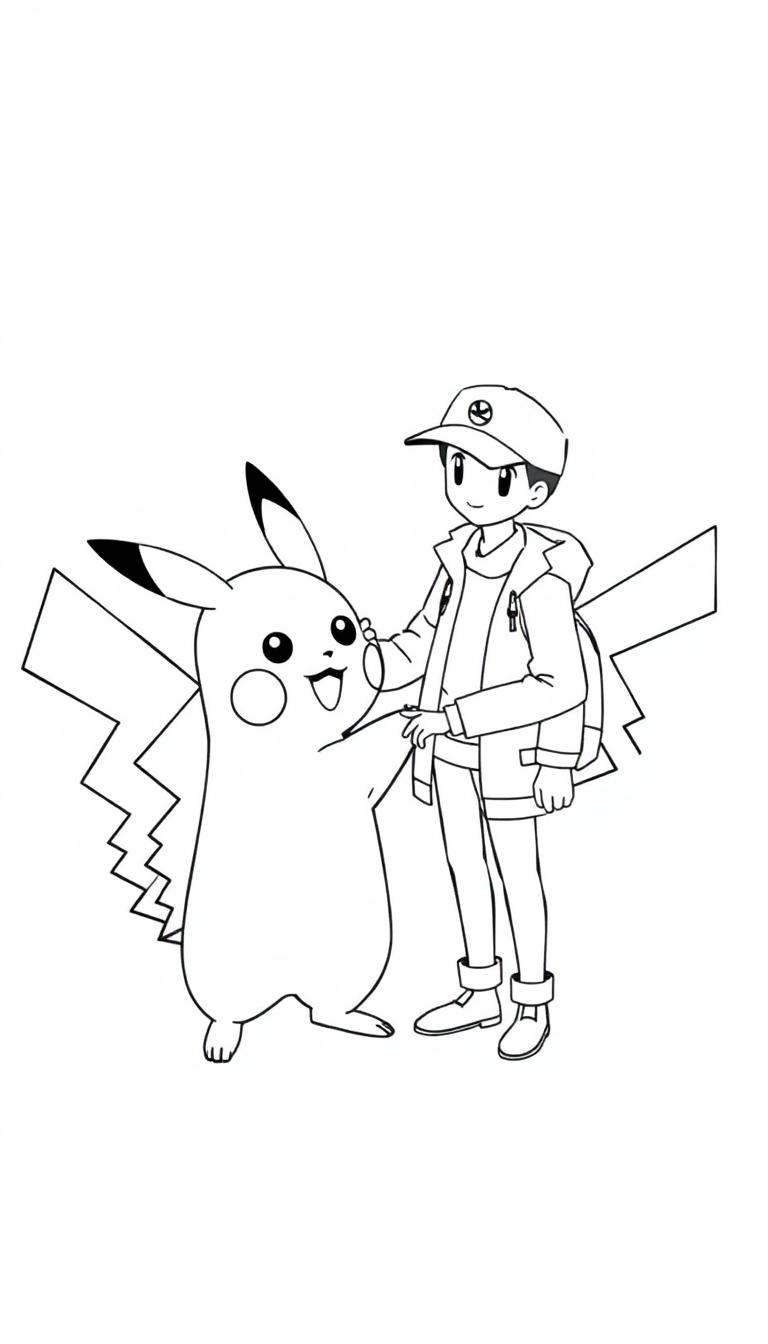 Kleurplaat van een menselijk personage die vriendelijk Pikachu vasthoudt, beide lachen samen.