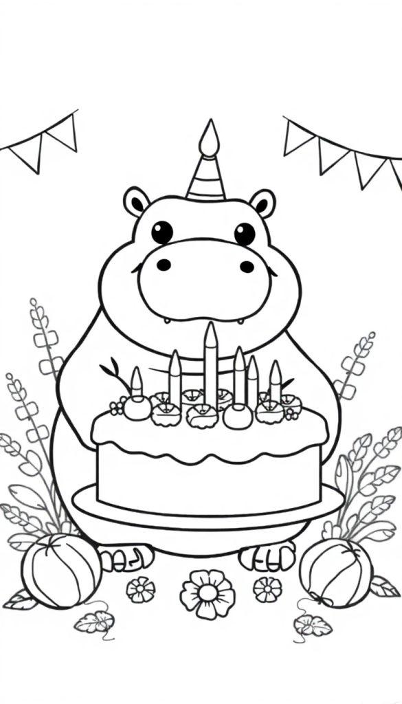 Kleurplaat van een schattig nijlpaard met een feesthoedje, dat een verjaardagstaart vasthoudt, omringd door bloemen, bladeren, pompoenen en slingers.