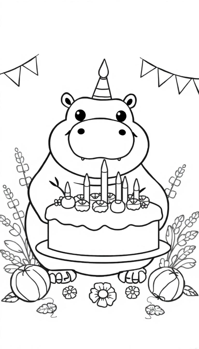 Kleurplaat van een schattig nijlpaard met een feesthoedje, dat een verjaardagstaart vasthoudt, omringd door bloemen, bladeren, pompoenen en slingers.