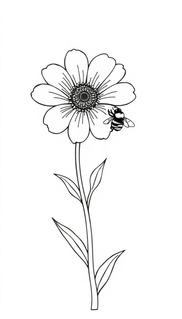 Kleurplaat van een eenvoudige bloem met zes grote bloemblaadjes, een bij op de bloem, op een leistenen achtergrond.