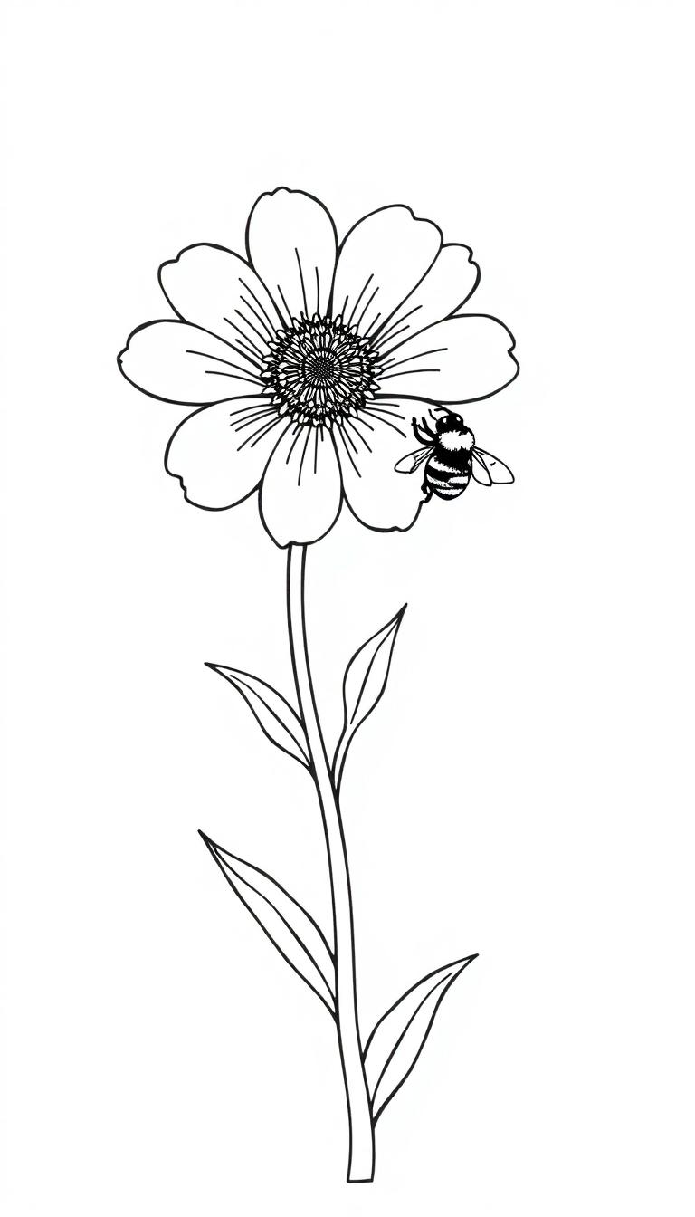 Kleurplaat van een eenvoudige bloem met zes grote bloemblaadjes, een bij op de bloem, op een leistenen achtergrond.