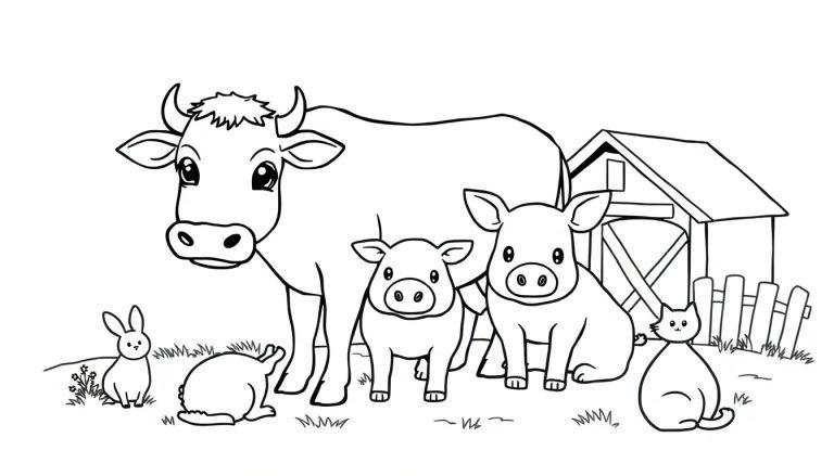 Kleurplaat van een boerderij met een koe, varken, konijnen, kat, schuur en hek.