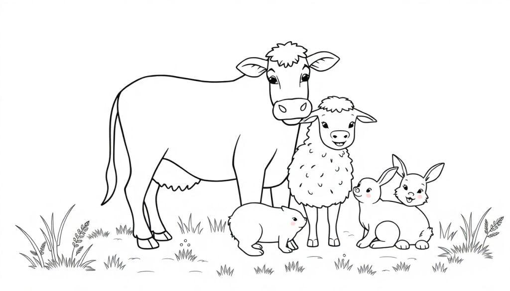 Zwart-wit kleurplaat van een boerderij met een koe, schaap, konijn en cavia dicht bij elkaar in een grasrijke omgeving, klaar om ingekleurd te worden.