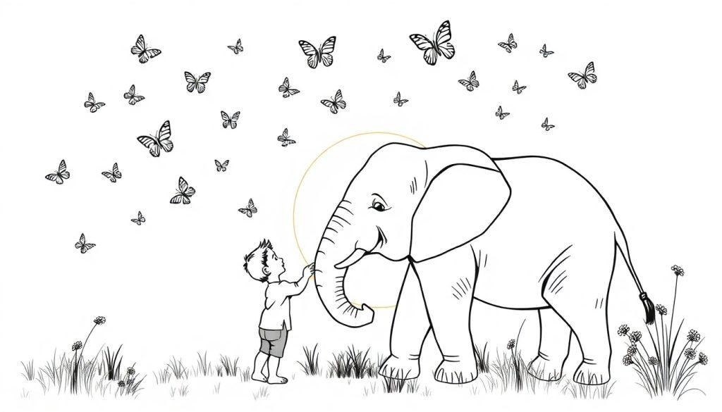 Een kleurplaat van een kind dat een olifant voert in een veld met bloemen en vlinders. De zon schijnt op de achtergrond terwijl de olifant vriendelijk naar het kind kijkt.