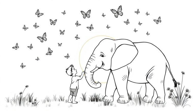 Een kleurplaat van een kind dat een olifant voert in een veld met bloemen en vlinders. De zon schijnt op de achtergrond terwijl de olifant vriendelijk naar het kind kijkt.