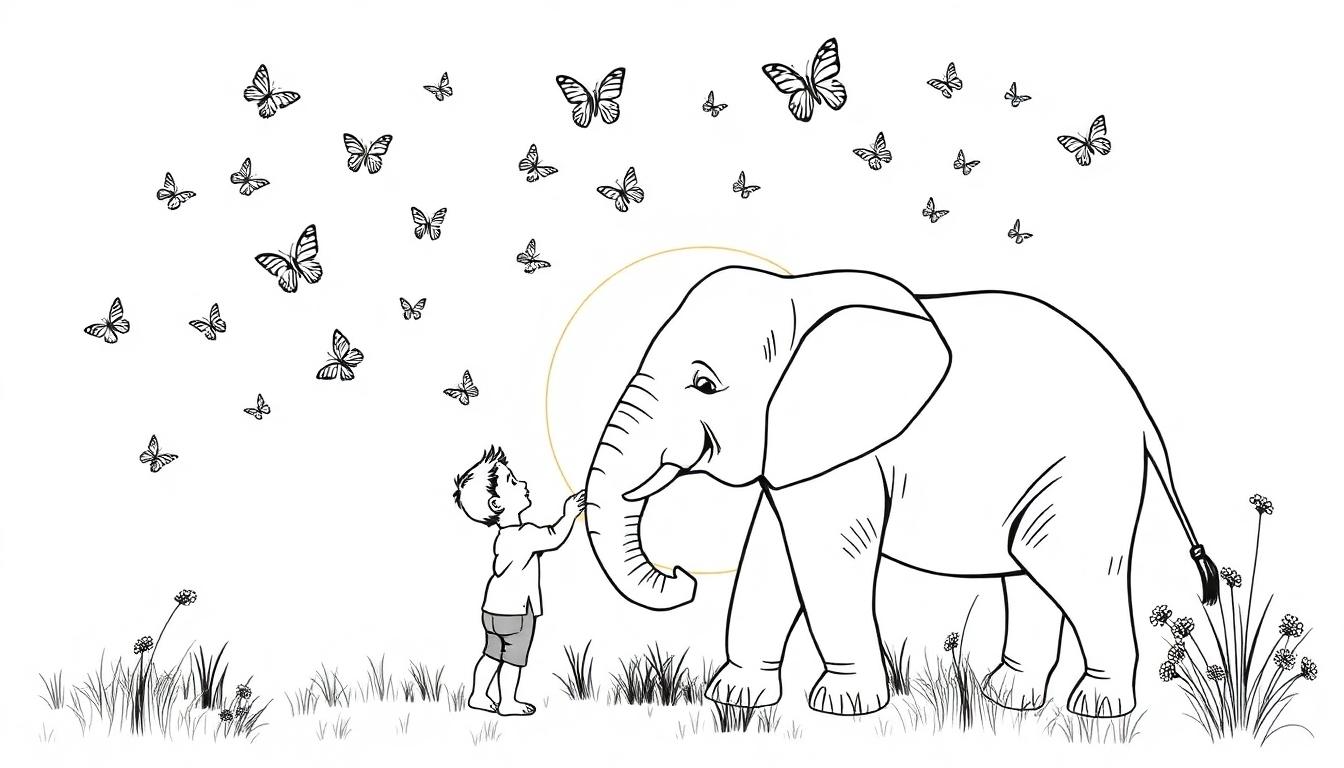 Een kleurplaat van een kind dat een olifant voert in een veld met bloemen en vlinders. De zon schijnt op de achtergrond terwijl de olifant vriendelijk naar het kind kijkt.
