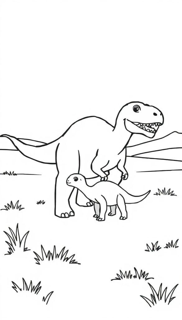 Kleurplaat van twee vriendelijke dinosauriërs, een grote en een kleine, in een natuurlijke omgeving met gras en bergen.