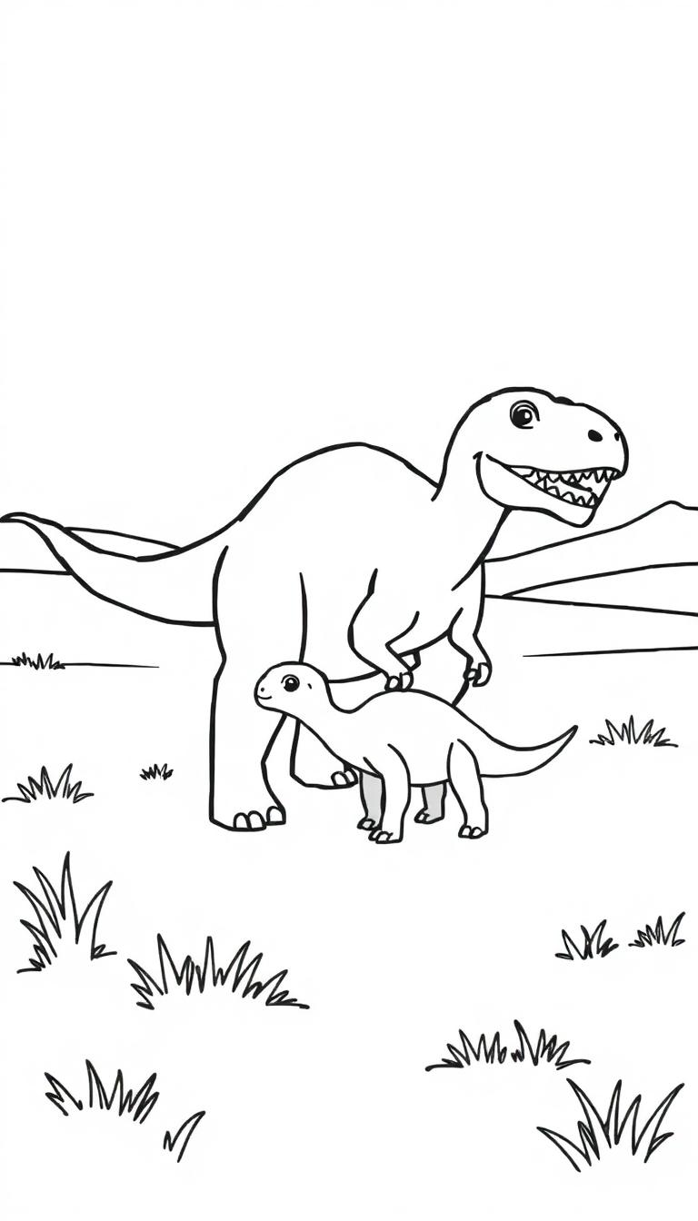Kleurplaat van twee vriendelijke dinosauriërs, een grote en een kleine, in een natuurlijke omgeving met gras en bergen.