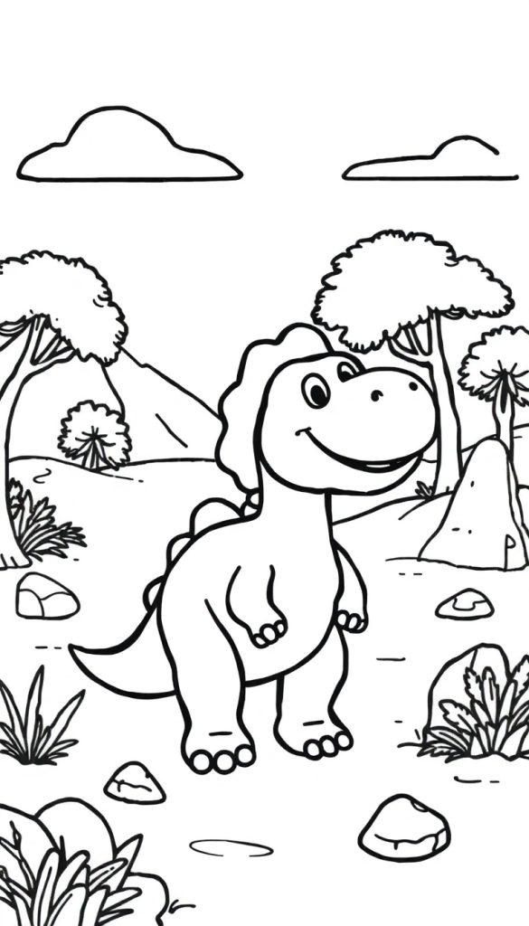 Een vrolijke kleurplaat van een dinosaurus in een prehistorische omgeving met bomen en bergen, perfect voor kinderen om in te kleuren.