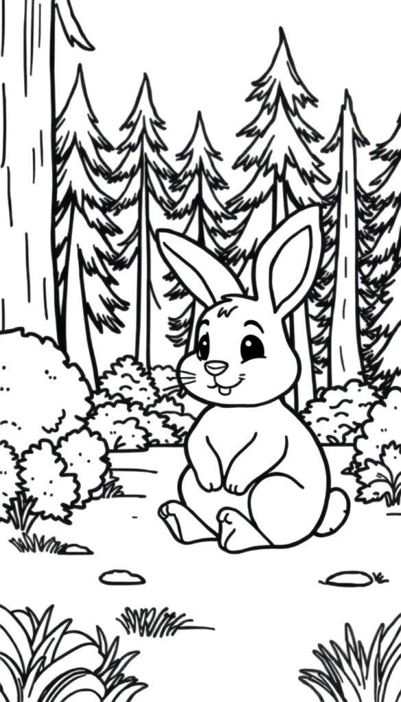 Kleurplaat van een schattig konijntje met grote oren in een bosrijke omgeving, perfect om in te kleuren.