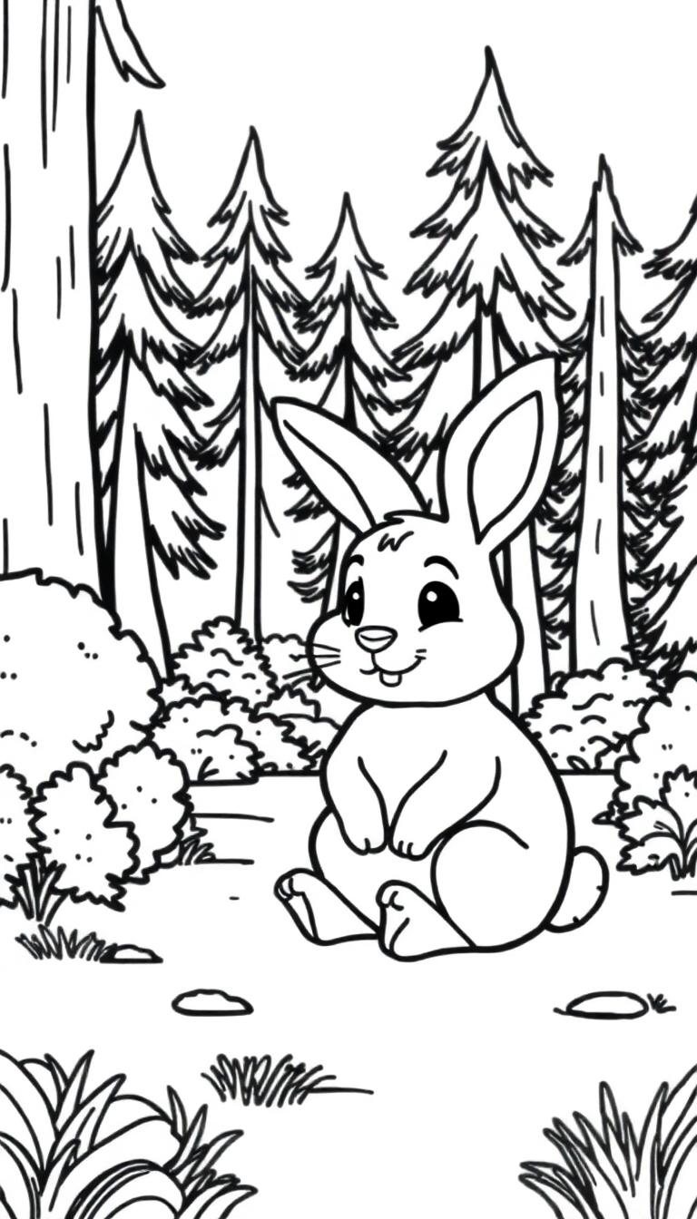 Kleurplaat van een schattig konijntje met grote oren in een bosrijke omgeving, perfect om in te kleuren.