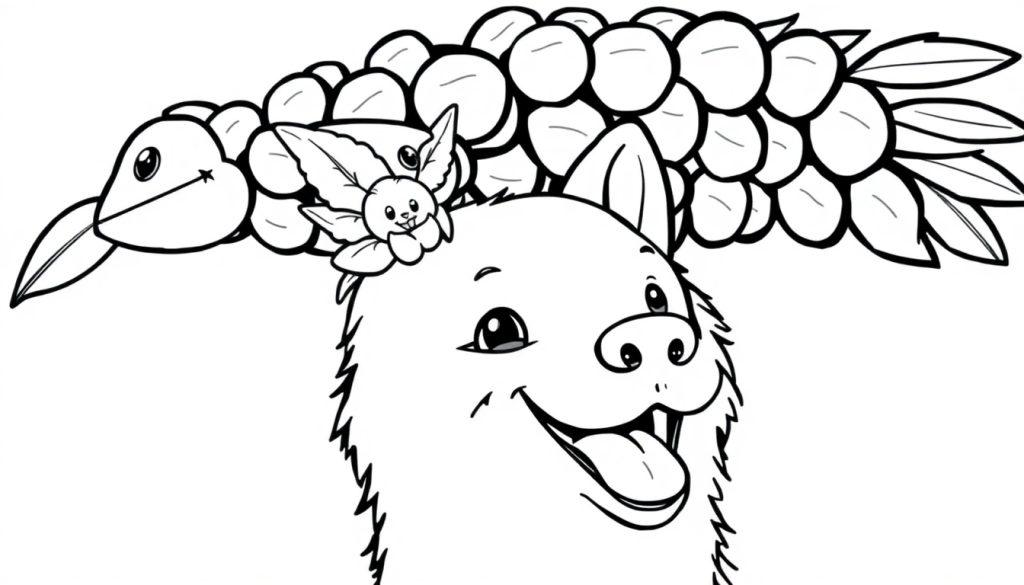 Kleurplaat van een vrolijk hondachtig gezicht met een klein vleugelswezentje op het hoofd, omringd door een plantenpatroon. Perfect voor kinderkleurplezier!