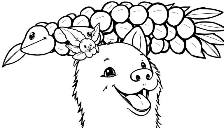 Kleurplaat van een vrolijk hondachtig gezicht met een klein vleugelswezentje op het hoofd, omringd door een plantenpatroon. Perfect voor kinderkleurplezier!