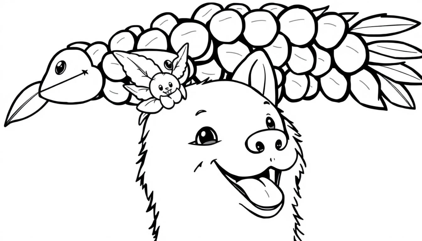 Kleurplaat van een vrolijk hondachtig gezicht met een klein vleugelswezentje op het hoofd, omringd door een plantenpatroon. Perfect voor kinderkleurplezier!