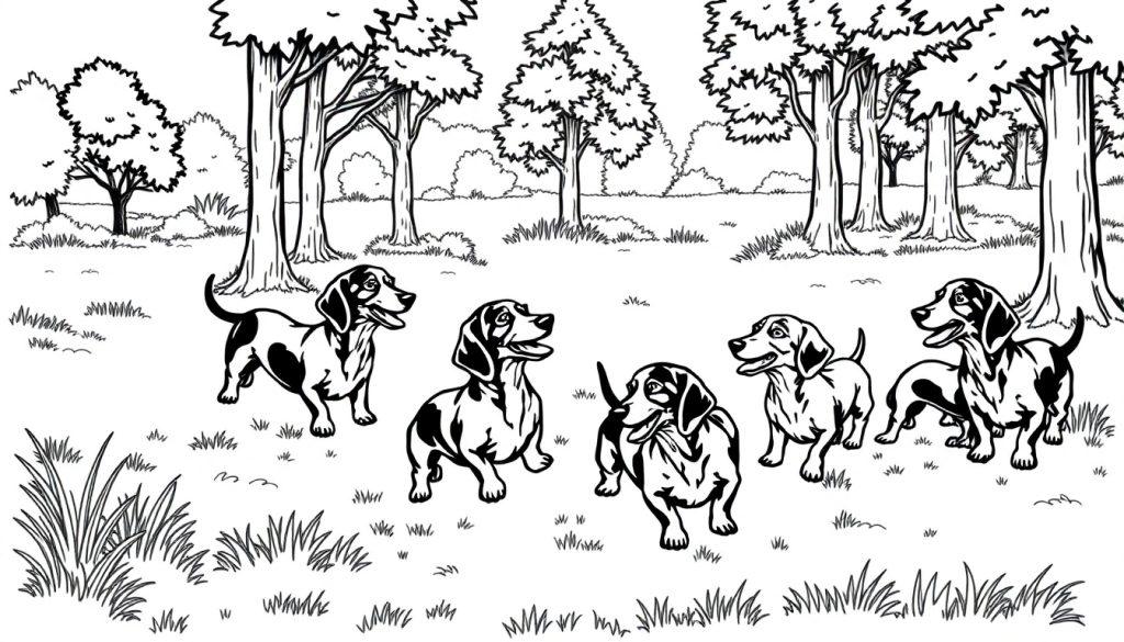 Kleurplaat van vijf blije teckels die in het bos spelen en onder de bomen staan