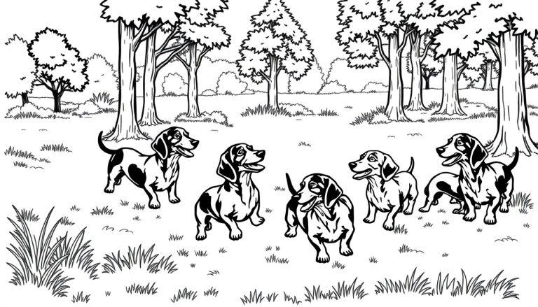 Kleurplaat van vijf blije teckels die in het bos spelen en onder de bomen staan