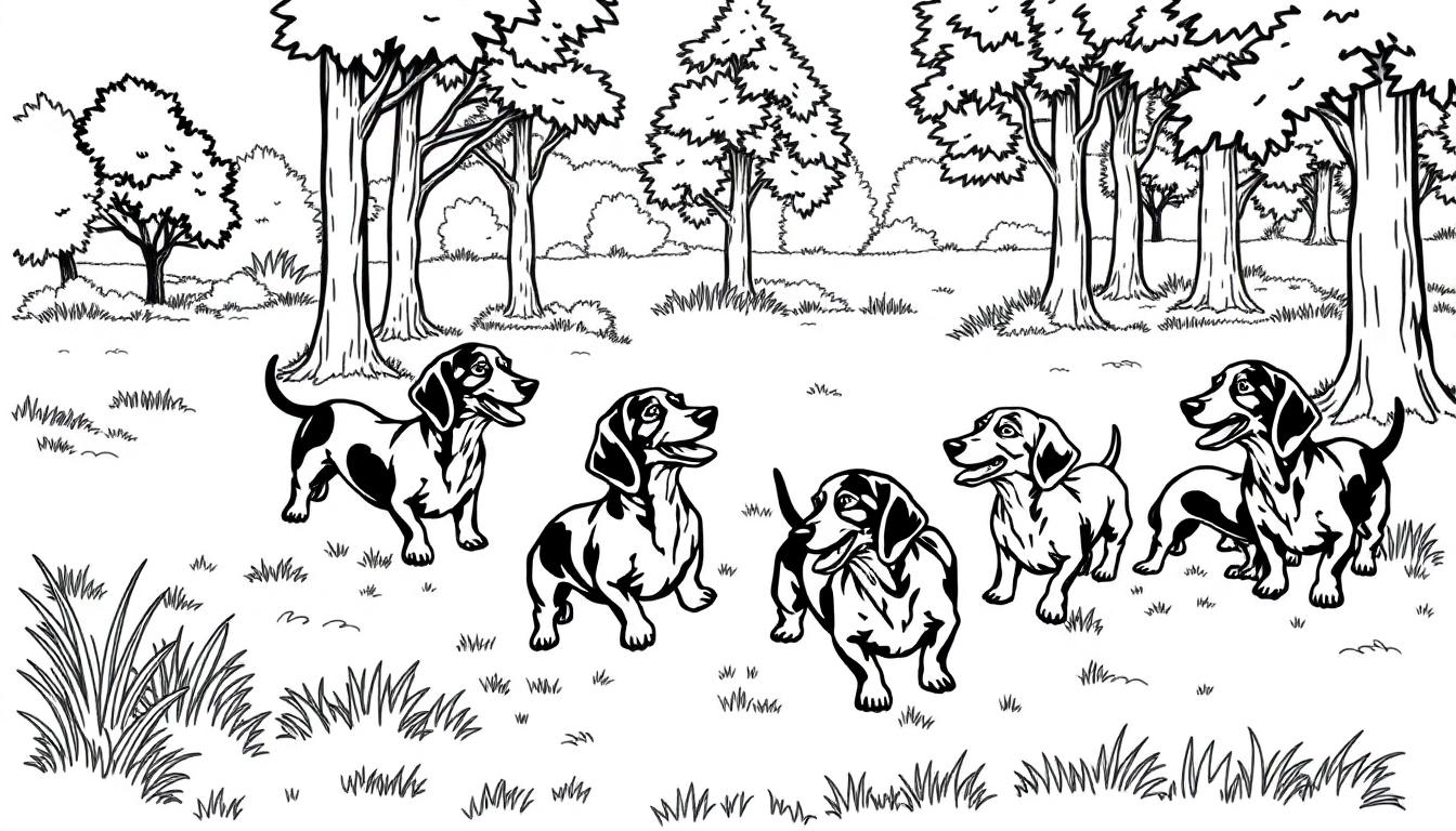 Kleurplaat van vijf blije teckels die in het bos spelen en onder de bomen staan