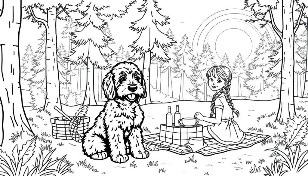 Kleurplaat van een vrolijke picknick in het bos met een meisje, haar hond, picknickmand en de zon en regenboog bovenin.