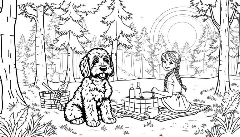 Kleurplaat van een vrolijke picknick in het bos met een meisje, haar hond, picknickmand en de zon en regenboog bovenin.