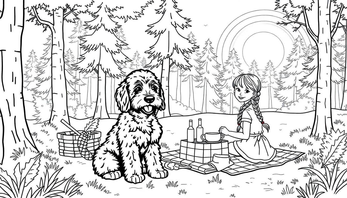 Kleurplaat van een vrolijke picknick in het bos met een meisje, haar hond, picknickmand en de zon en regenboog bovenin.